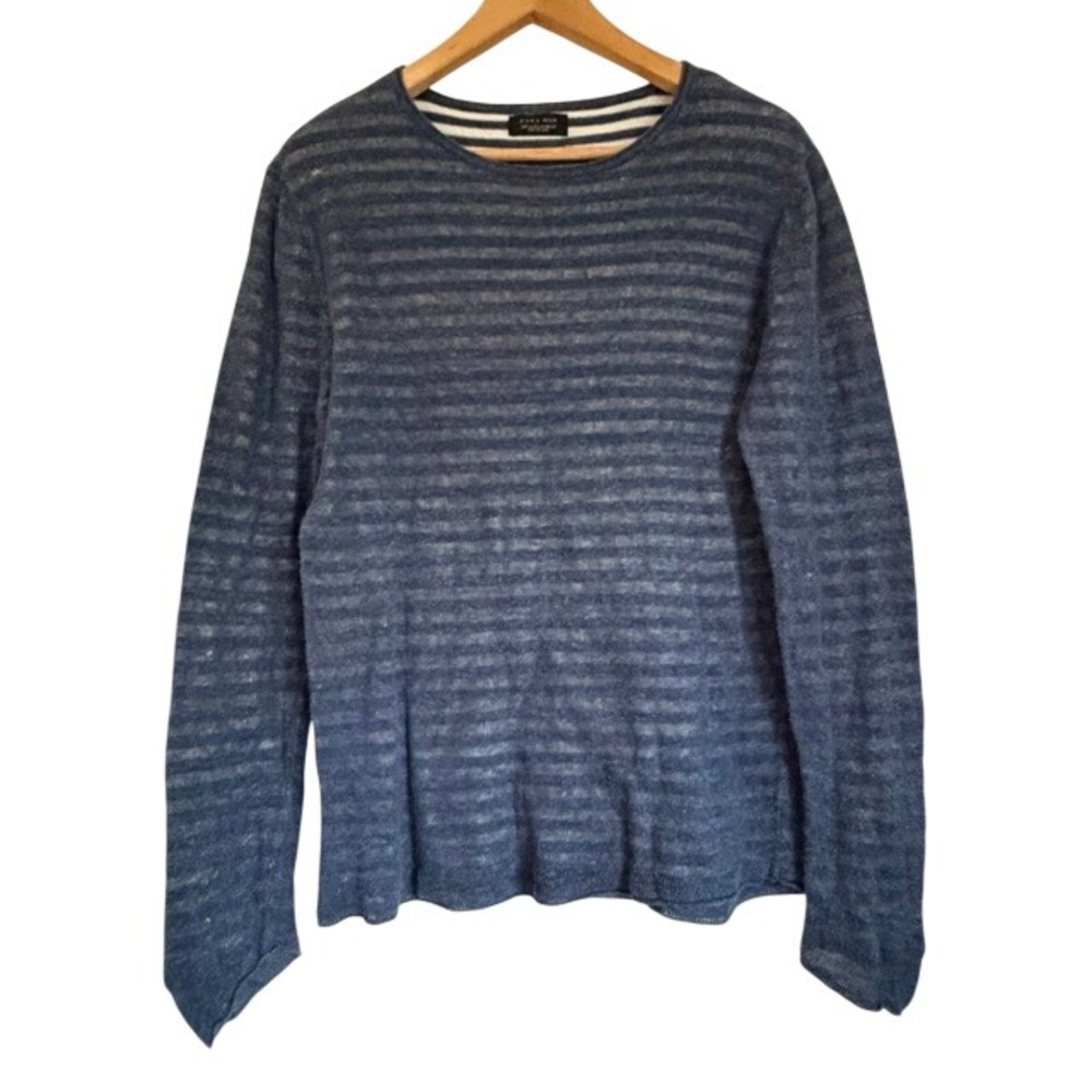 Zara Man Blue Striped Long Sleeve Knit Sweater Crew Neck Medium